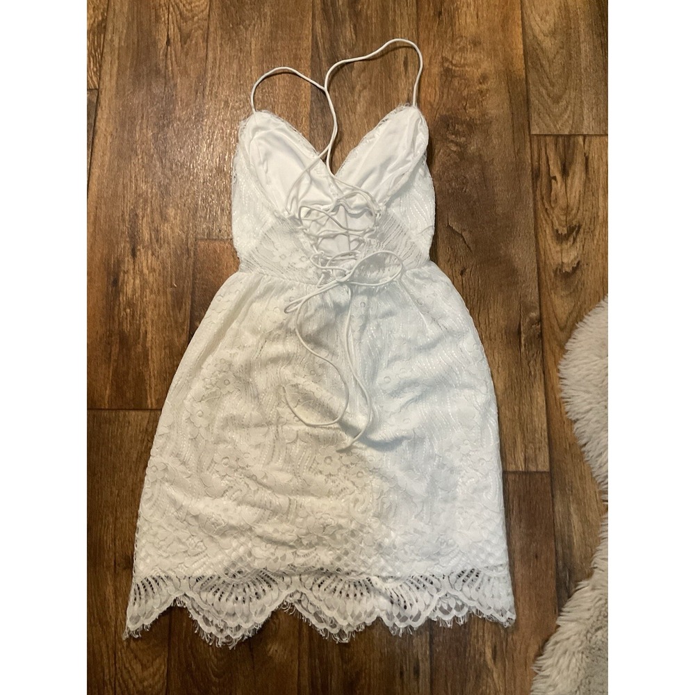 Aooksmery Dress White Lace Womens Small V Neck Lace Up Back Spaghetti Strap - Picture 5 of 9